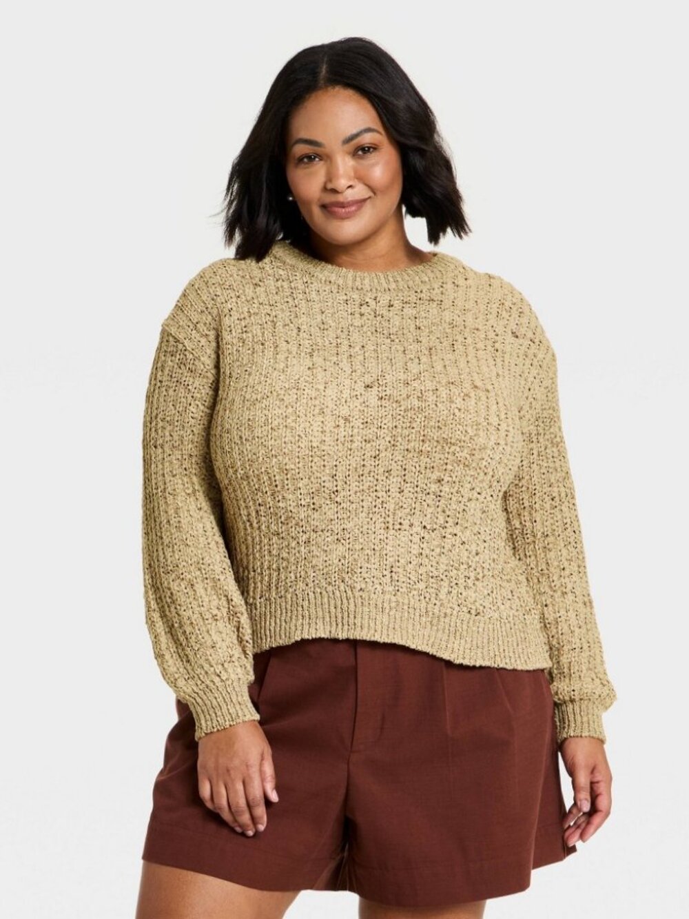 Women's Long Sleeve Round Neck Tape Yarn Pullover Sweater - A New Day™ Brown 1X